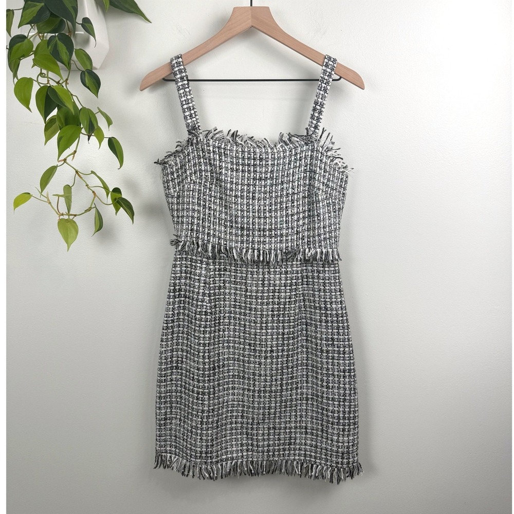 Storia Black White Tweed Fringe Mini Dress Sheath Sleeveless M Preppy Academia